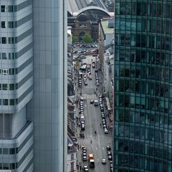 High angle view of modern buildings in city