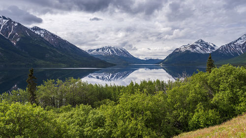 Scenic view of lake and mountains against sky