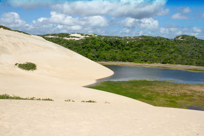 Scenic view of sand dunes against sky