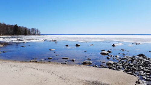 Scenic view of sea against clear blue sky