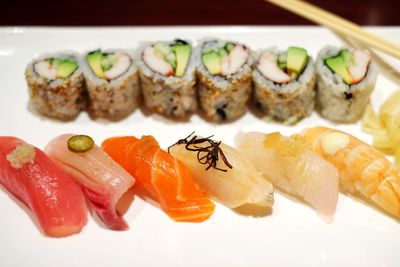 Close-up of sushi served in plate