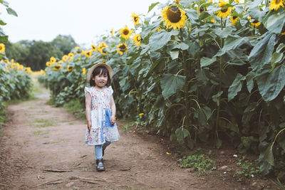 Portrait of girl standing against plants