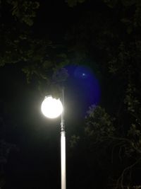 Close-up of illuminated street light against trees at night