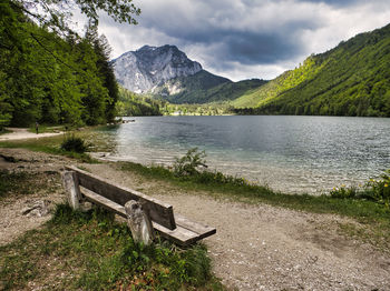 Scenic view of lake by mountains against sky