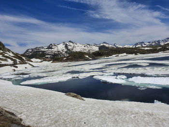 Frozen lake by snowcapped mountain against sky