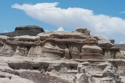 Low angle view of rock formation against cloudy sky