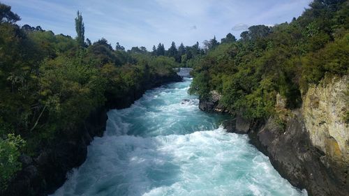 Scenic view of waterfall in forest against sky