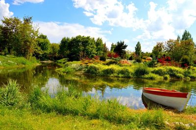 Scenic view of lake against cloudy sky