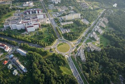 High angle view of road amidst buildings in city