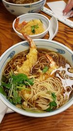 High angle view of noodles in bowl on table