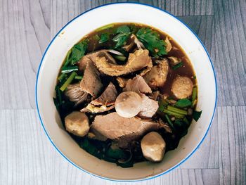 High angle view of soup in bowl on table