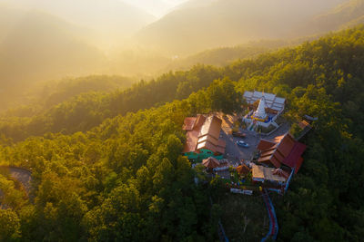 High angle view of people by trees on mountain