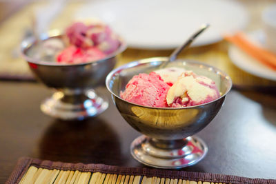 Close-up of ice cream in bowl on table