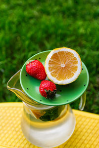 High angle view of fruits on table