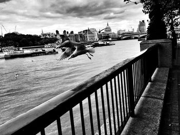 Pier on river against cloudy sky
