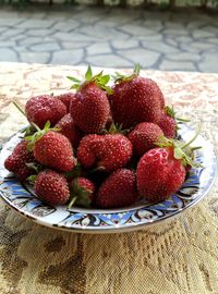 High angle view of strawberries in bowl on table