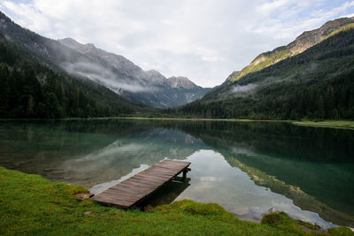 Scenic view of lake by mountains against sky