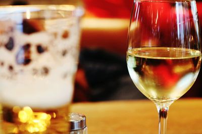 Close-up of beer in glass on table