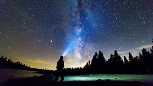 Silhouette man standing against sky at night