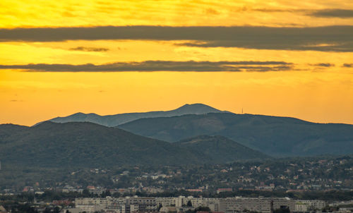 Scenic view of mountains against sky during sunset