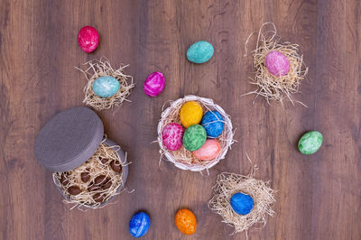 Directly above shot of multi colored candies on table