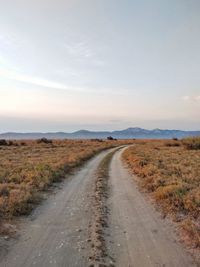 Dirt road amidst field against sky