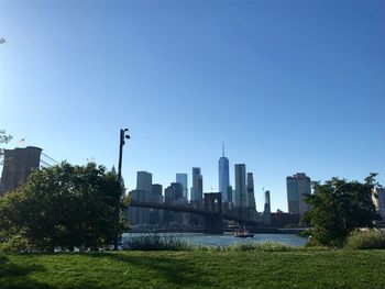 View of modern buildings against clear sky