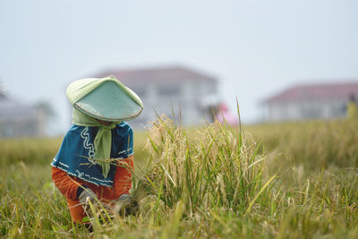 Rear view of woman standing on field against clear sky