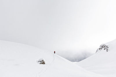 Rear view of person walking on snowcapped mountain