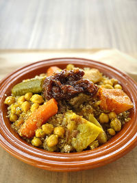 High angle view of food in bowl on table