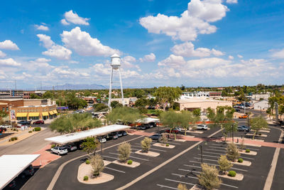 July 28, 2022, gilbert, arizona, usa. suburb of phoenix. drone rises over parking lot.