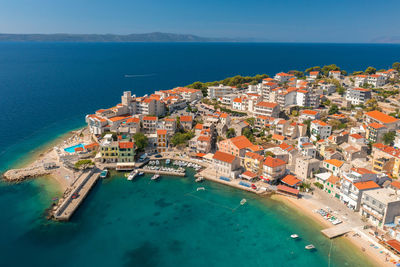 Aerial view of igrane town, the adriatic sea, croatia