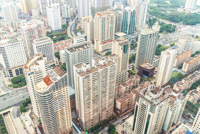 High angle view of modern buildings in city