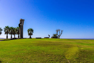 Scenic view of field against clear blue sky