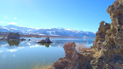 Scenic view of lake and mountains against sky