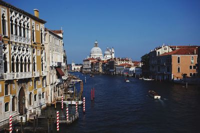 Panoramic view of buildings in city against clear sky