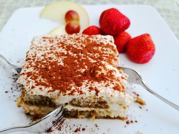 Close-up of strawberry cake on plate