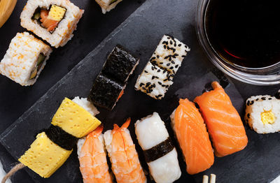 High angle view of sushi served on table