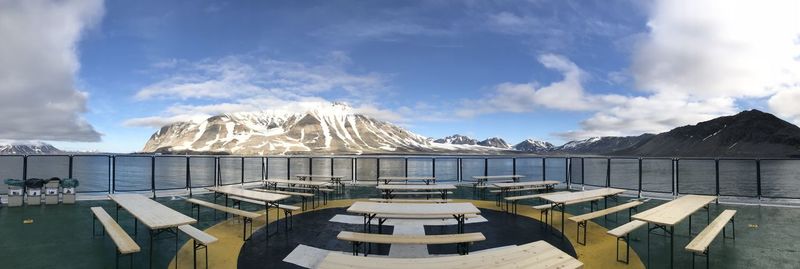 Scenic view of snowcapped mountains against cloudy sky