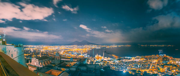 High angle view of illuminated city buildings