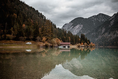 Scenic view of lake and mountains against sky