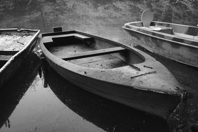 High angle view of abandoned boat moored in lake