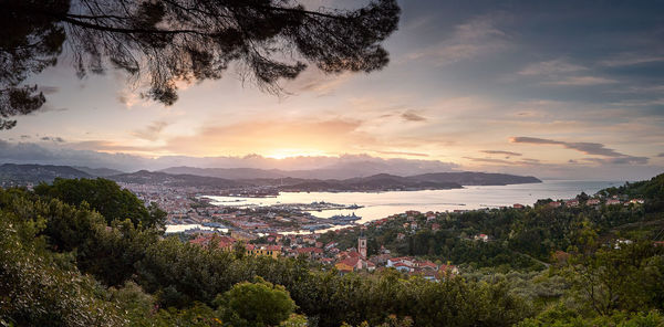 High angle view of townscape at sunset