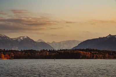 Scenic view of lake by mountains against sky during sunset