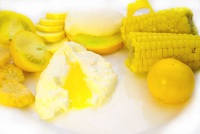 High angle view of eggs in plate