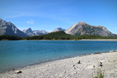 Scenic view of sea and mountains against blue sky