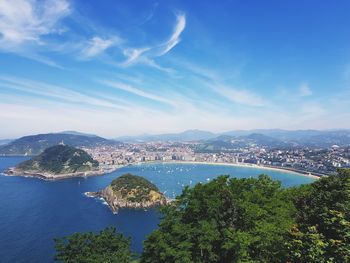 High angle view of city by sea against sky