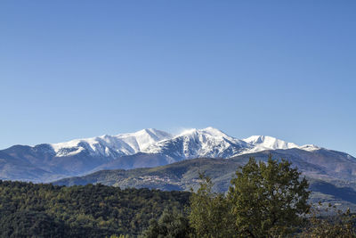 Scenic view of mountains against clear blue sky