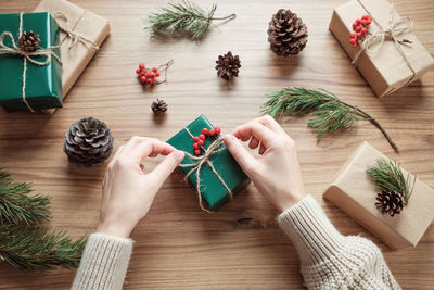 High angle view of christmas decorations on table