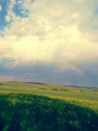 Scenic view of field against cloudy sky